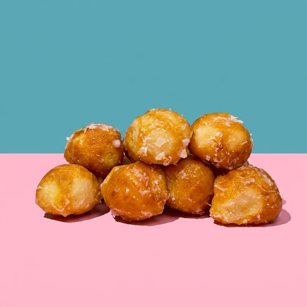 Glazed donut holes piled on pink and teal background