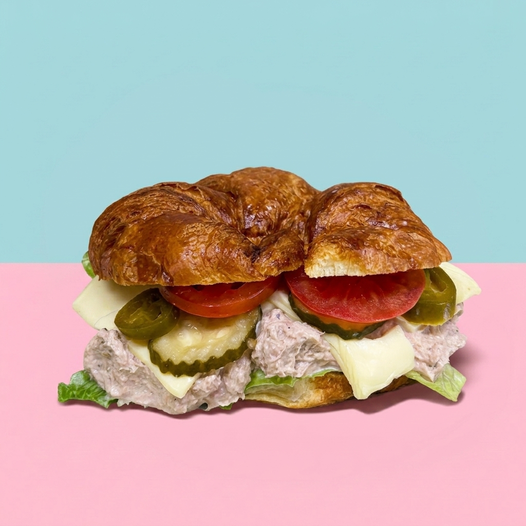 Tuna salad croissant sandwich with jalapeños, pickles, and tomato