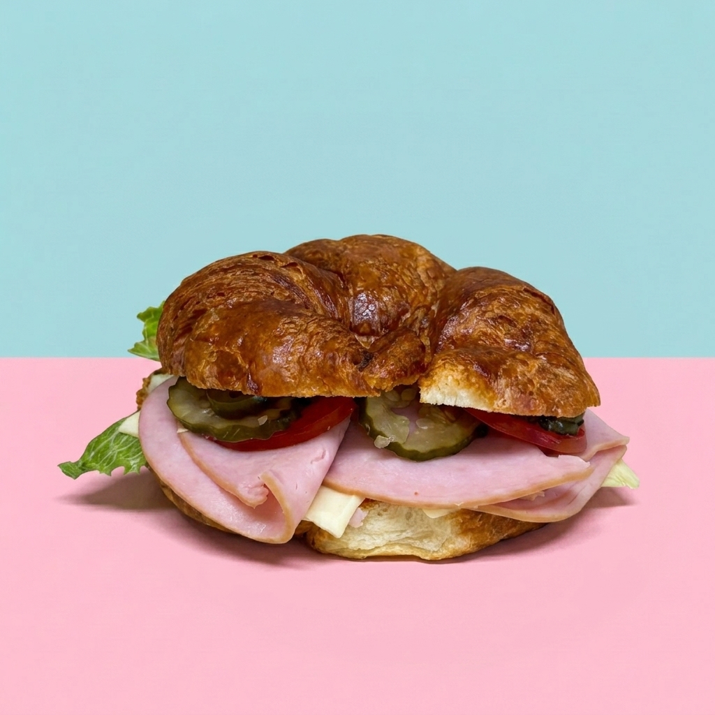 Turkey croissant sandwich with lettuce, tomato, and pickle